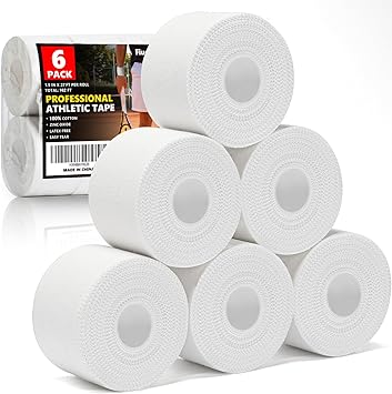 Professional 6 Pack White Athletic Sports Tape - 1.5 Inch × 27 Feet Per Roll | Total 162 Feet, Very Strong Easy Tear No Sticky Residue Wrist Ankle Tape for Football Climbing Soccer Gymnastics Injuries