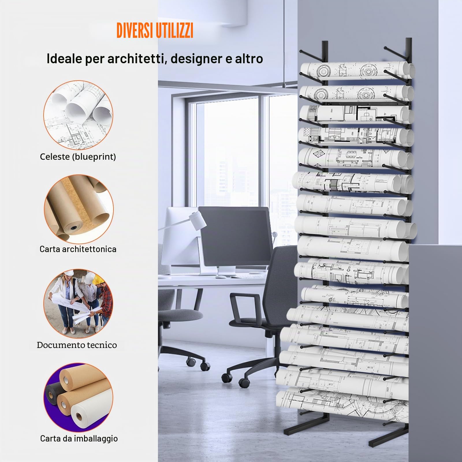 VEVOR Scaffale Portaprogetti 540 x 285 x 2125 mm Espositore per Manifesti Sospesi a 16 livelli, Portarotolo Verticale per Progetti 2 Rotoli/Pneumatico, Scaffale per Portarotolo con Mappa Cianografica