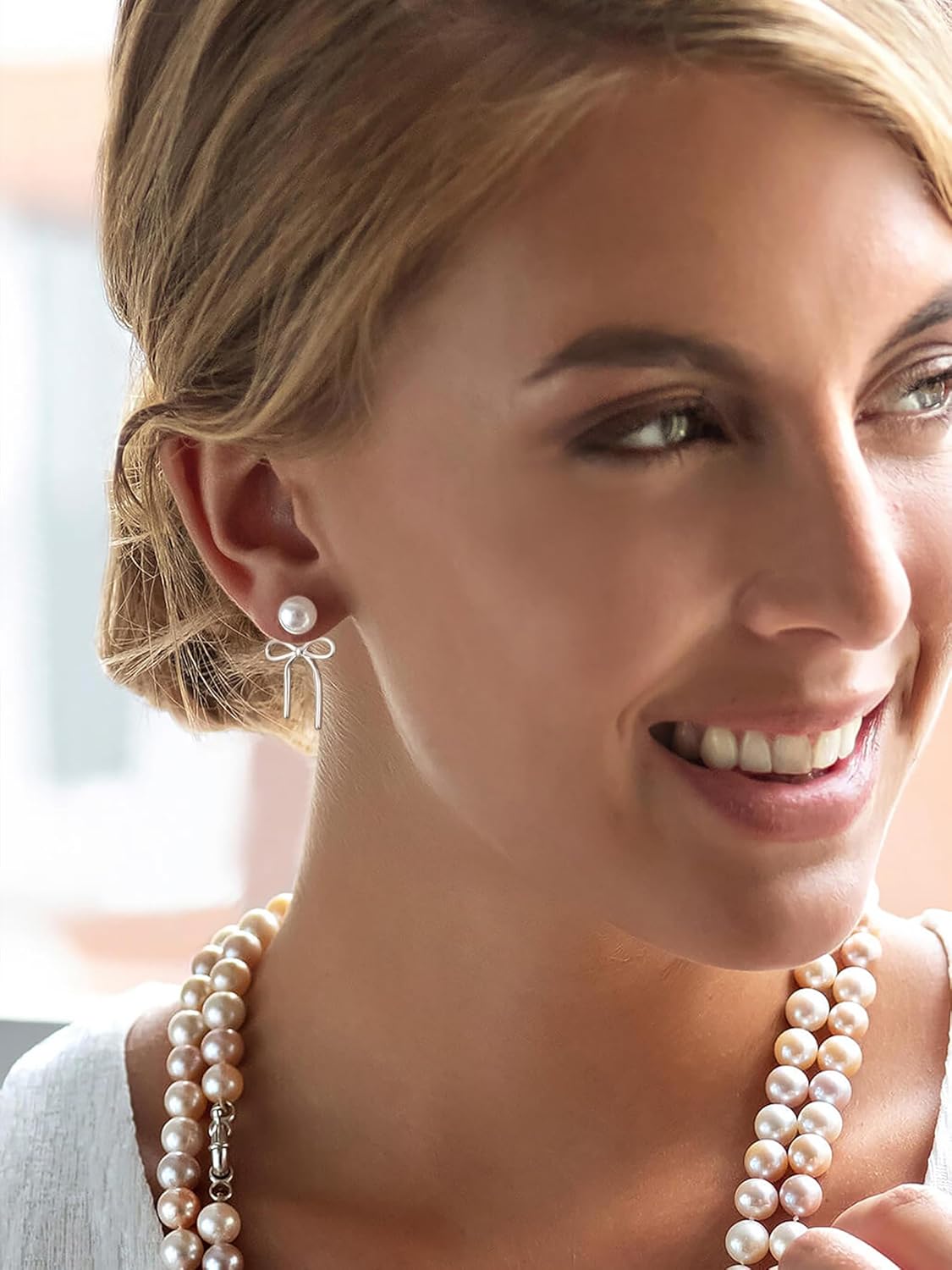 14K Gold Pearl Bow Earrings for Women: Trendy Bow Earring Dainty Drop Pearl Hypoallergenic Studs Dangle Earrings Jewelry Gifts - Image 3