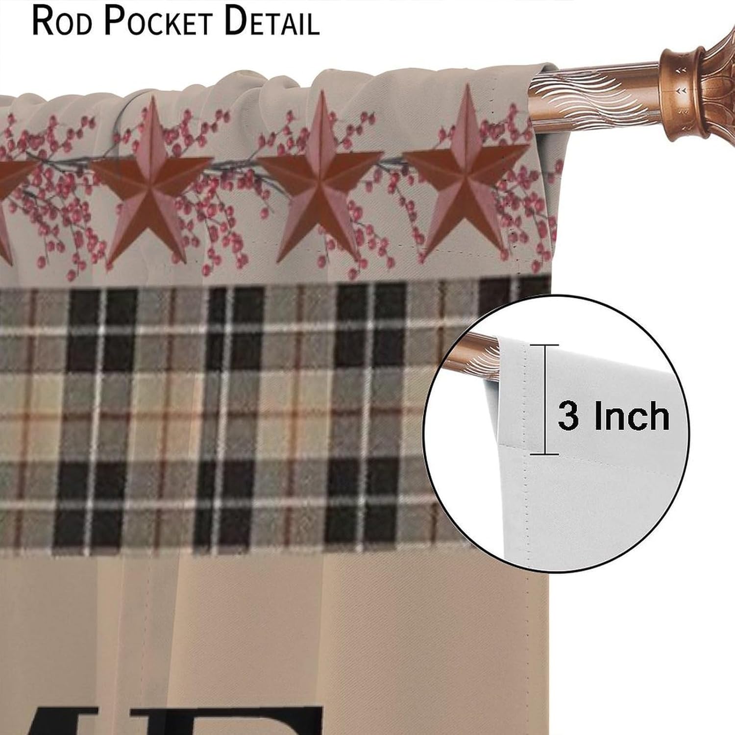 Rustic Farmhouse Kitchen Curtains,Vintage Western Star Plaid Print Home Decor Drapes for Bedroom Living Room Kitchen Window Treatment 2 Panels Set Total Size 72" W X 63" L Inch