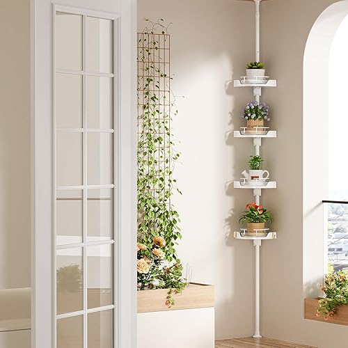 Miniatura 9 de Organizador de barra de tensión de esquina giratoria de 360, poste de metal ajustable a prueba de óxido de 4 niveles, estantes de plástico con