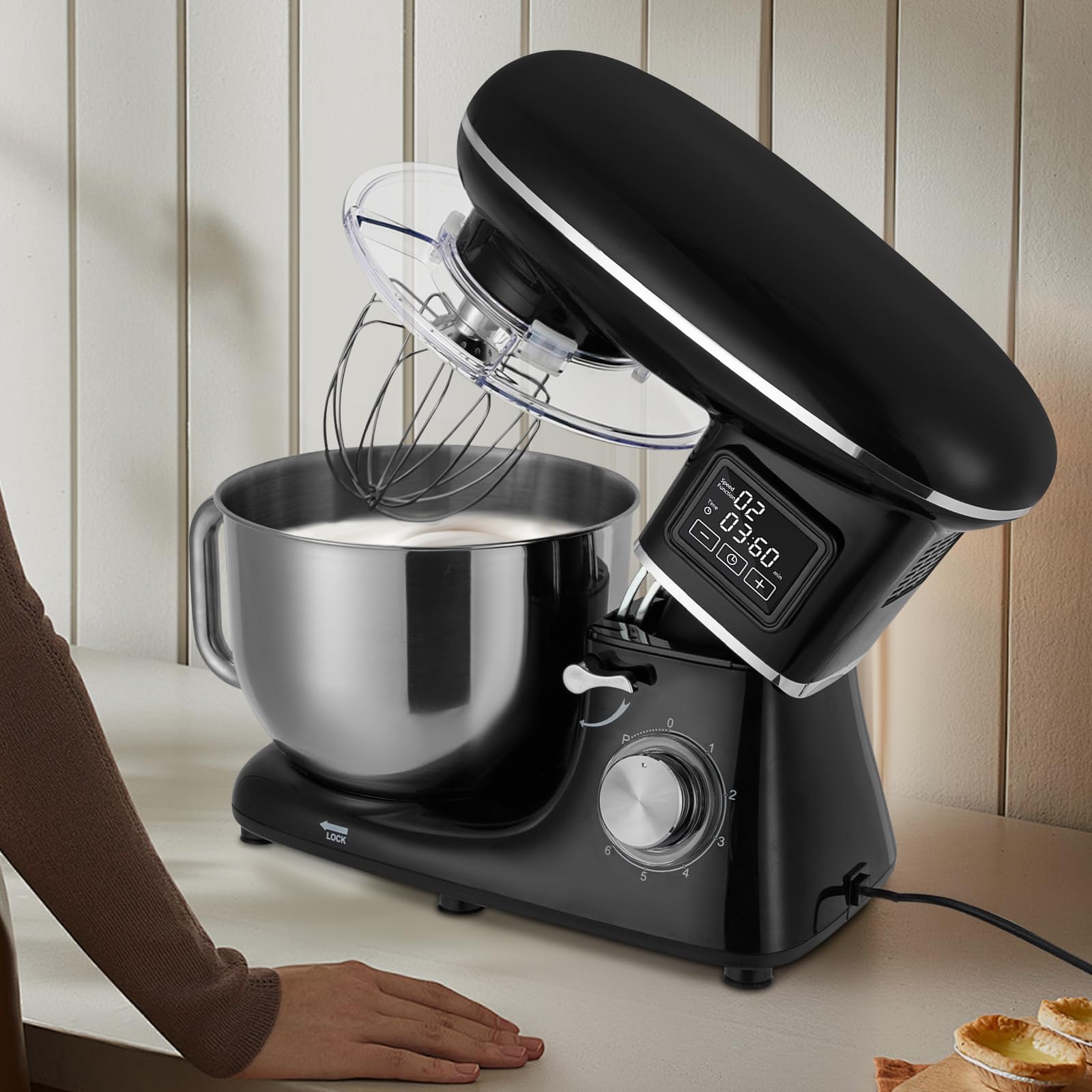 Maszyna kuchenna, maszyna do ugniatania, mikser stojący 1500 W, z miską ze stali nierdzewnej 6,15 l, ciasto na chleb, śmietana, timer, wyświetlacz LCD, antypoślizgowa, kompaktowa, mała kuchnia, dla