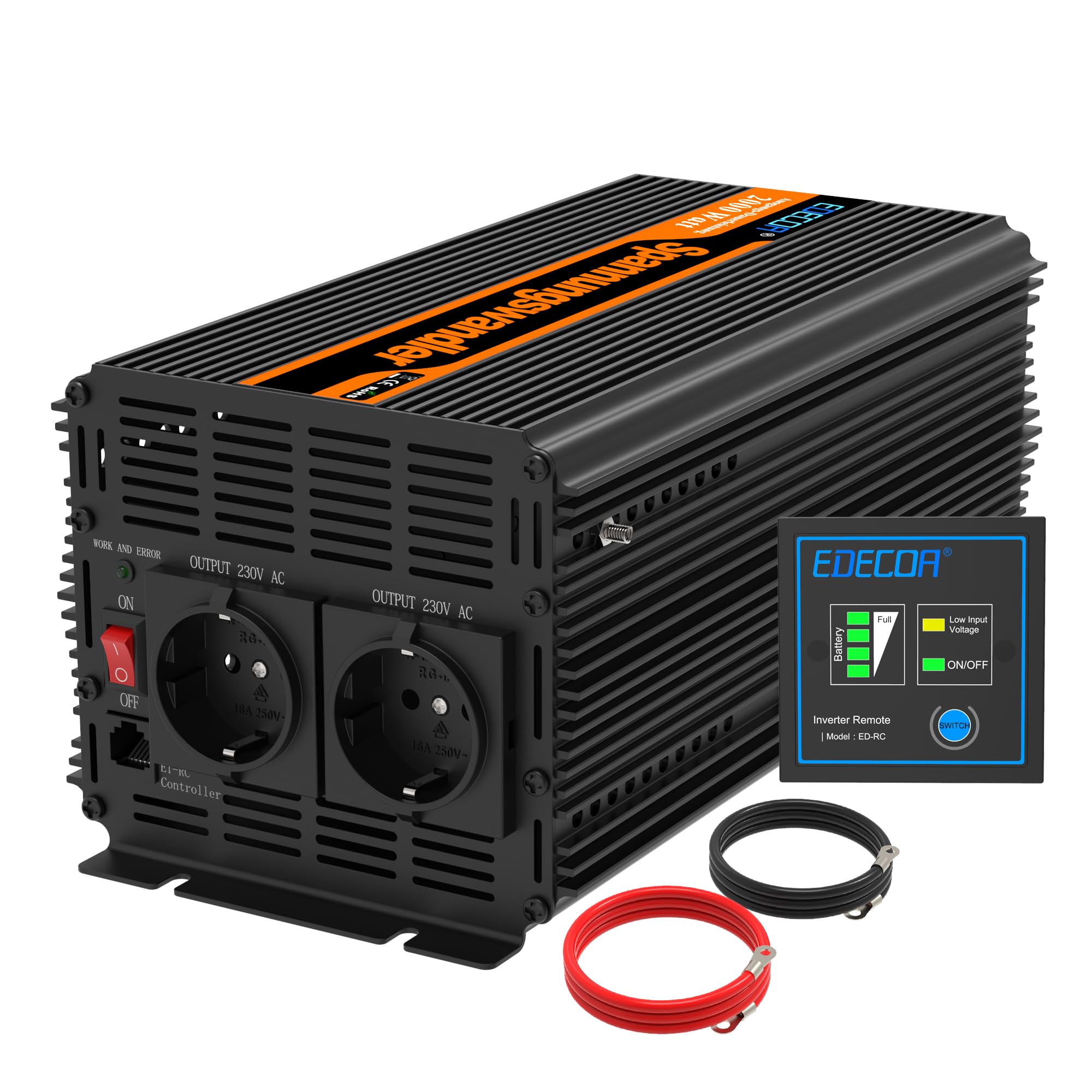 EDECOA Wechselrichter 2000w 24v 230v Spannungswandler mit Neuer Fernbedienung 2X USB und Bildschirm für Sonnenkollektor KFZ Wohnmobi (2000w)