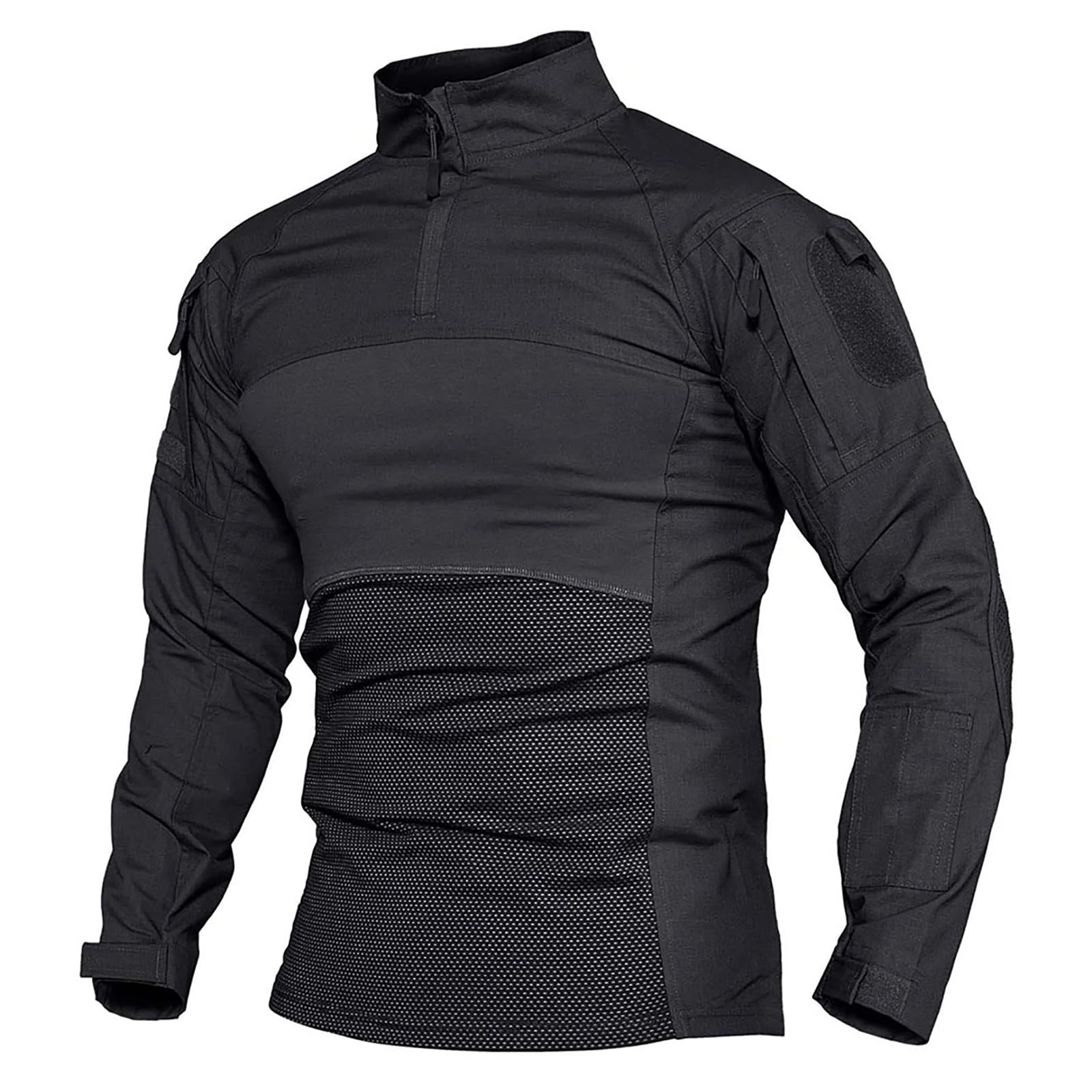 KINROCO Men's Tactical Long Sleeve T-Shirt with 1/4 Zip Camouflage Airsoft Military Combat Shirt with Zip Pockets(Size:M,Color:Black)