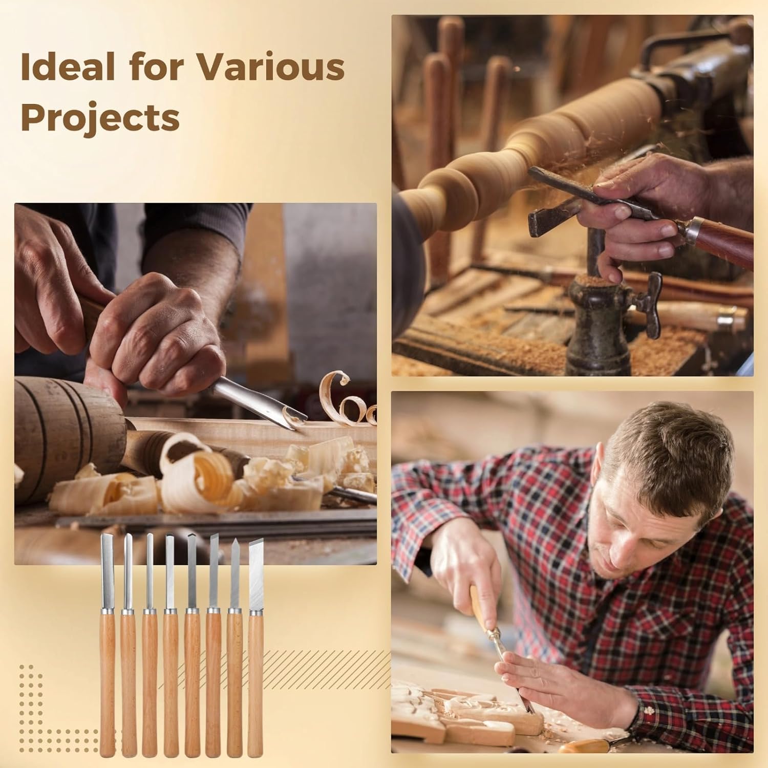 8 Pcs Wood Lathe Tools - Wood Turning Tools for Lathe with Steel Blades, Woodworking Tools for Beginners & Professionals