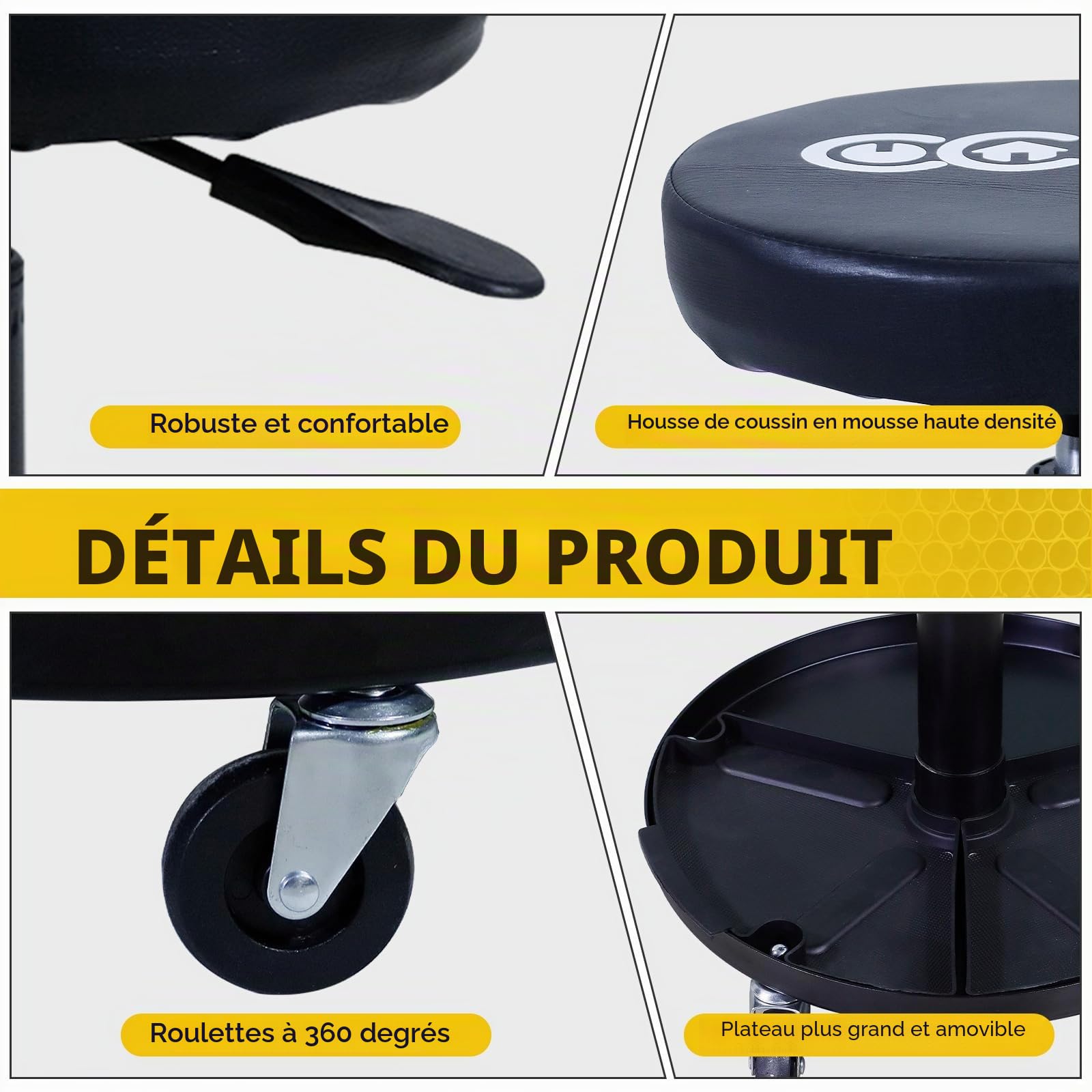 CCLIFE Tabouret d'Atelier à roulettes, 150 kg, Hauteur Réglable 38-50 cm, et 2 Inserts en Plastique Amovibles, Siège de Travail avec Roues pour Mécanicien