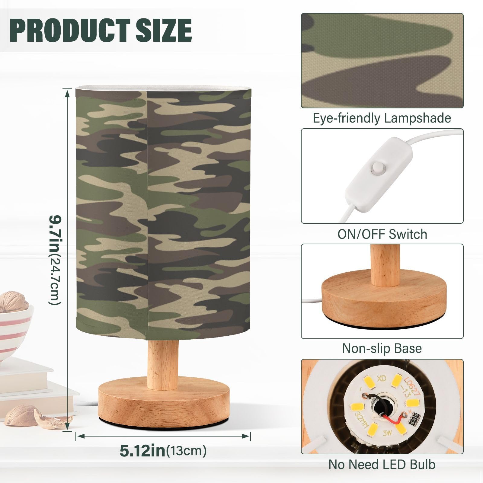 xigua Camo Bedside Table Lamp, Nightstand Lamp with Linen Fabric Shade, Wooden LED Desk Lamps for Bedrooms Study Room, Home - Image 3