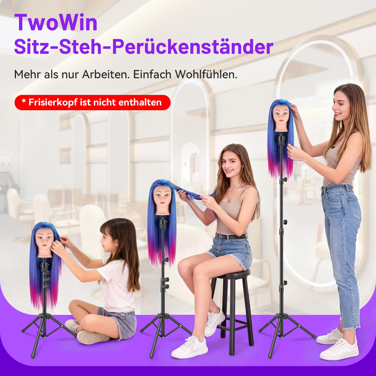 TwoWin 55 Zoll (140cm) Perückenständer, Frisierkopf Ständer, Verstellbar Schaufensterpuppen kopfständer für Friseur, Übungskopf Ständer für Kosmetologie Friseur Ausbildung