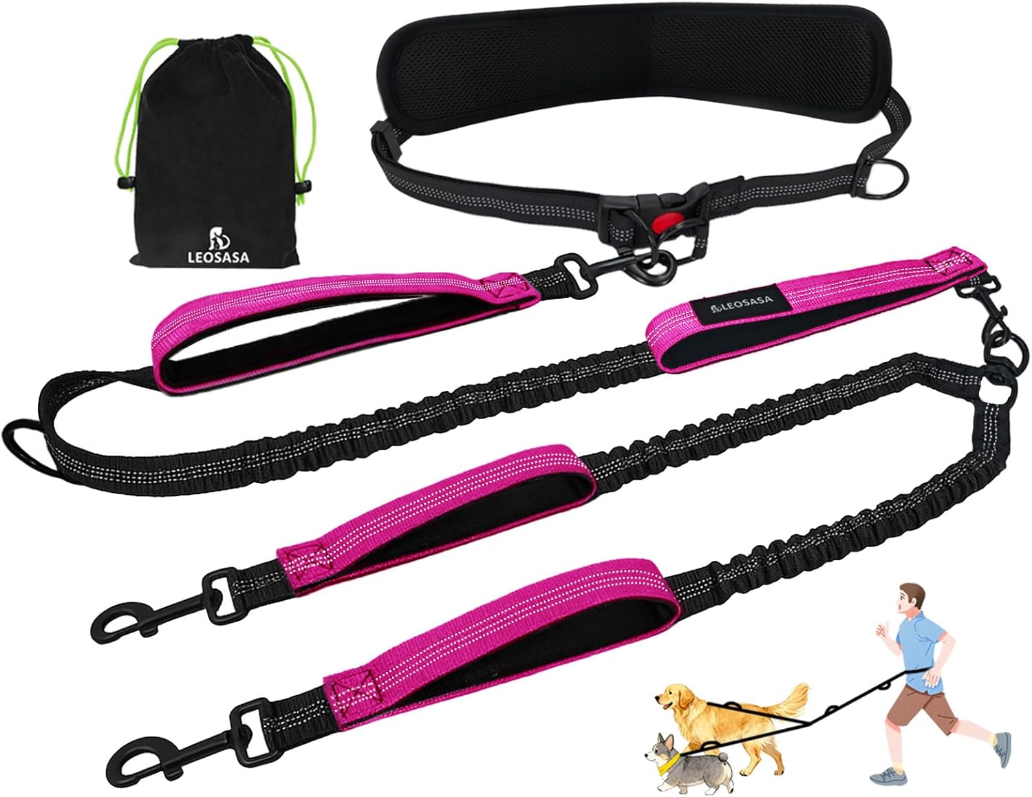 Hands Free Double Dog Leash for Two Dogs- No Tangle No Pull Dual Leash with Padded Adjustable Waist Belt & Reflective Stitching - Ideal for Running, Jogging, Hiking with Medium & Large Breeds