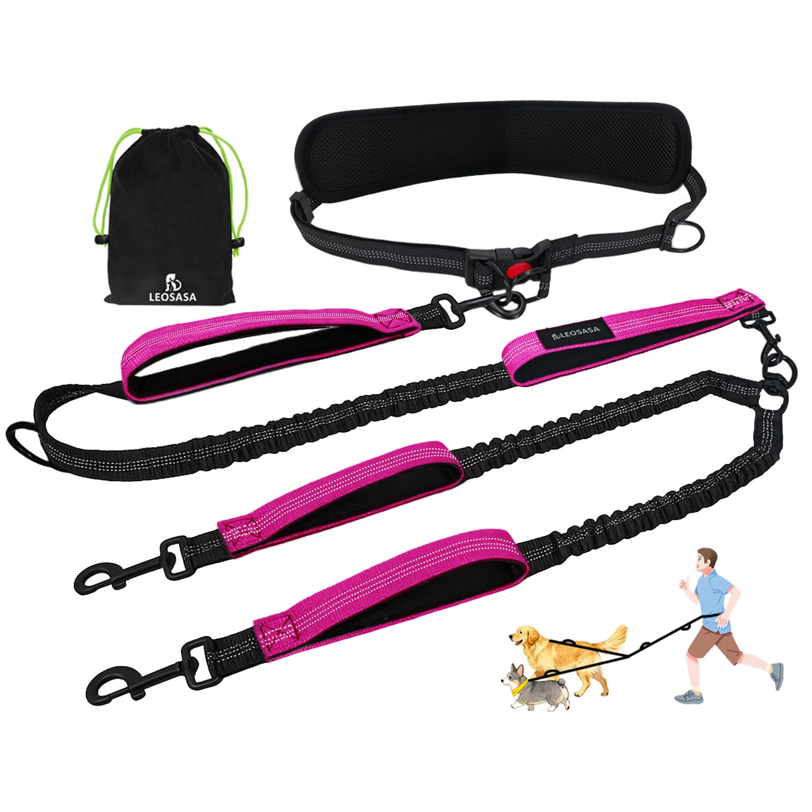 Hands Free Double Dog Leash for Two Dogs- No Tangle No Pull Dual Leash with Padded Adjustable Waist Belt & Reflective Stitching - Ideal for Running, Jogging, Hiking with Medium & Large Breeds