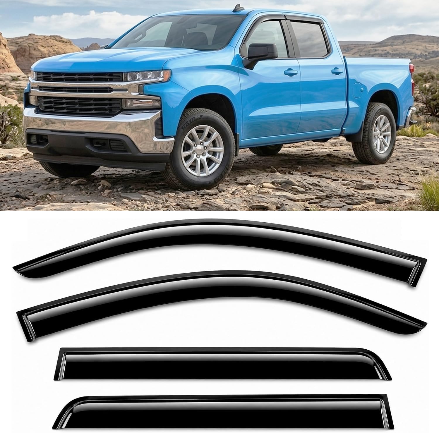 2019-2026 Tape-On Rain Guards for Chevrolet Chevy Silverado 1500 Crew Cab & for GMC Sierra 1500 Crew Cab Side Window Deflector Visors 2020 2021 2022 2023 2024 2025