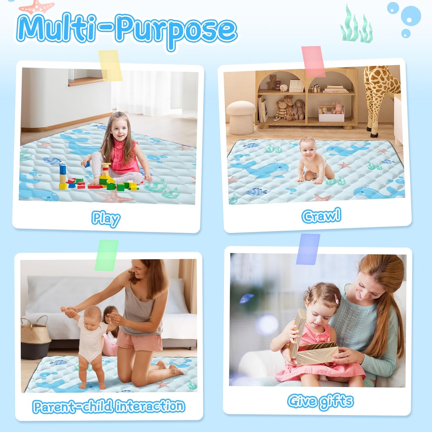 Baby Play Mat 65x50in - Thicken Soft Baby Cushioned Playmats for Playpen - Large Crawling Play Mats for Babies Toddlers Infant Non-Slip - Foldable & Machine Washable Infant Floor Play Mat, Ocean