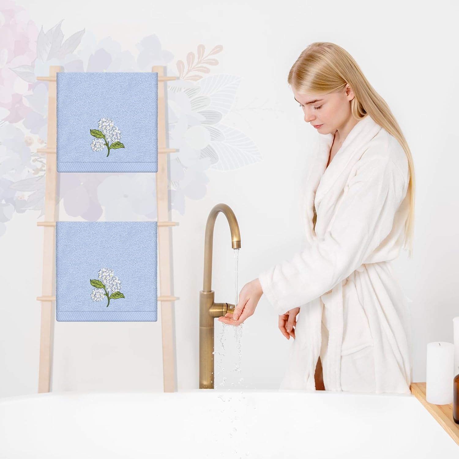 2 Pack Hydrangea Floral Hand Towels Cotton Embroidered Blue Flower Bathroom Towel Dish Towel for Summer Hand Drying Cleaning Cooking, 29.5 x 13.7 Inch - Image 7