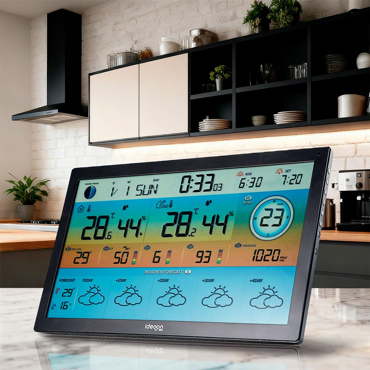 ideoon WLAN Funk Wetterstation mit XXL-Farb-Display – 5 Tage Wettertrend, Thermometer/Hygrometer, Feinstaub & UV-Index, Barometer, Tuya App