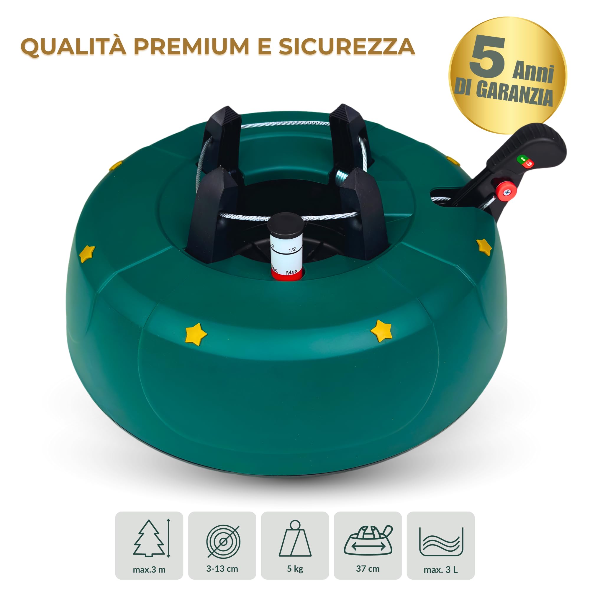 Supporto per albero di Natale fino a 3 m con pedale e sistema a corda, base stabile con serbatoio d’acqua da 3 L, design Verde Opaco con stelle – Kamai