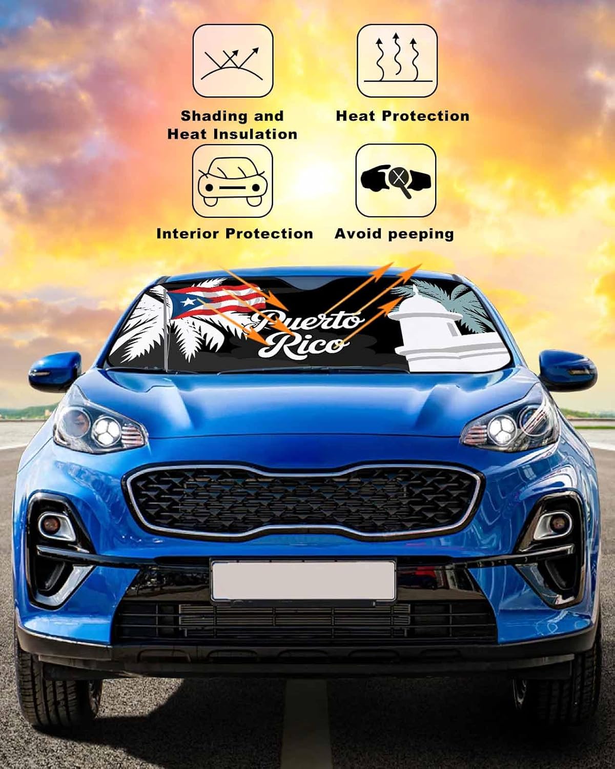 Car Windshield Sun Shade Puerto Rico Foldable Sunshade for Front Windshield Block UV Sun Visor Protector Auto Accessories Keep Vehicle Truck SUV Cool 51"x29" Vintage Oil Print Puerto Rico Coconut Tree