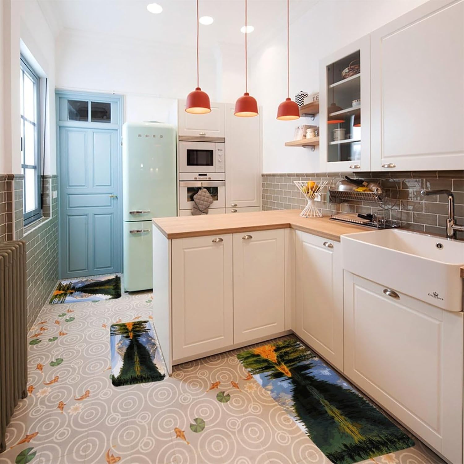 Mountain and Lake Pictures Kitchen Mats for Floor 3 Pcs Kitchen Rugs