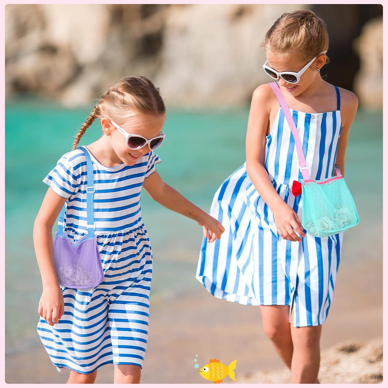 Saintrygo 12 Pack Mesh Beach Bag Shell Collecting Bag Bulk Beach Tote Party Favor Sand Toy Bags with Zipper for Holding Shells Swimming Accessories Boys Girls, 6 Colors
