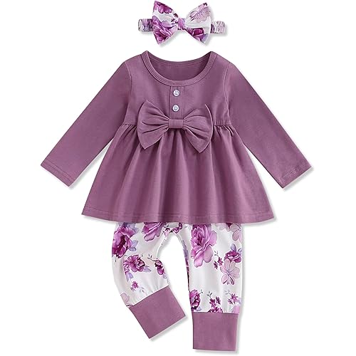 oklady Toddler Baby Girl Clothes Solid Color Ruffle Tops Floral Pants with Headband Fall Winter Cute Girl Outfits