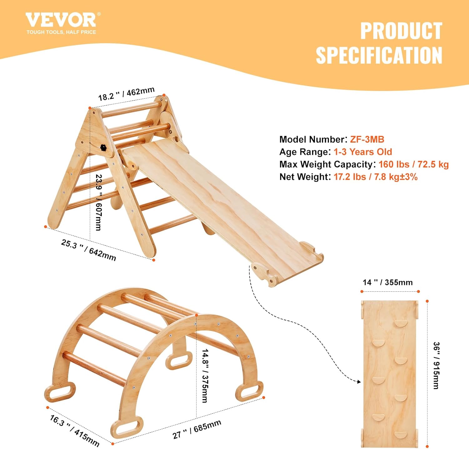 VEVOR Pikler Triangle Set Climber 5 in 1, Toddler Climbing Toys Indoor Folding with Arch&Ramp&Ladder for Montessori Play Gym for Toddlers and Kids, Wooden Color, Medium Size