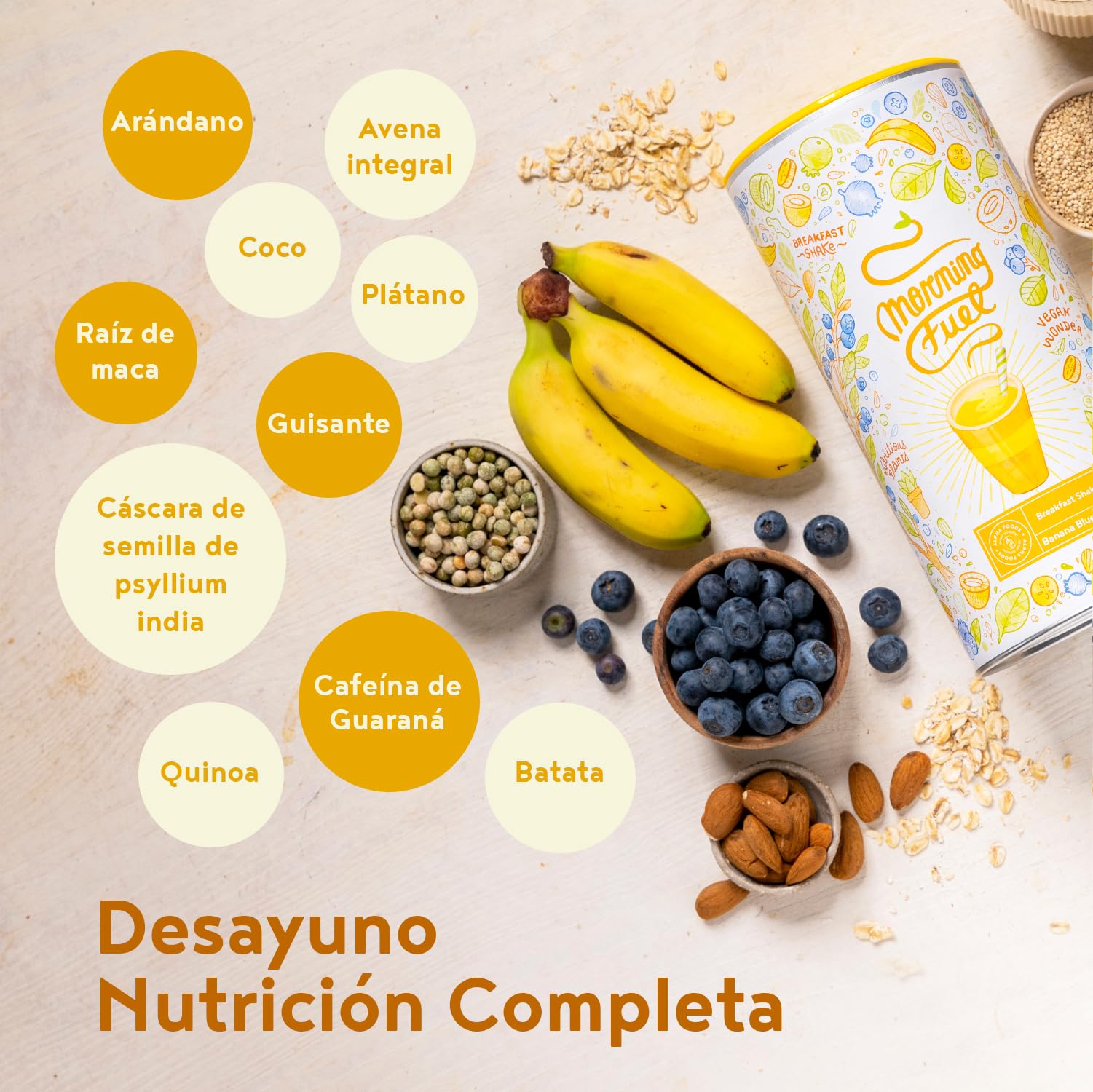 Morning Fuel Batido para Desayunos y Meriendas Nutritivos - con Vitamina B6 y B12 - Batidos Sustitutivos de Comida - Proteina Vegana de Guisantes y Avena - Sabor Plátano y Arándano 600g - Alpha Foods