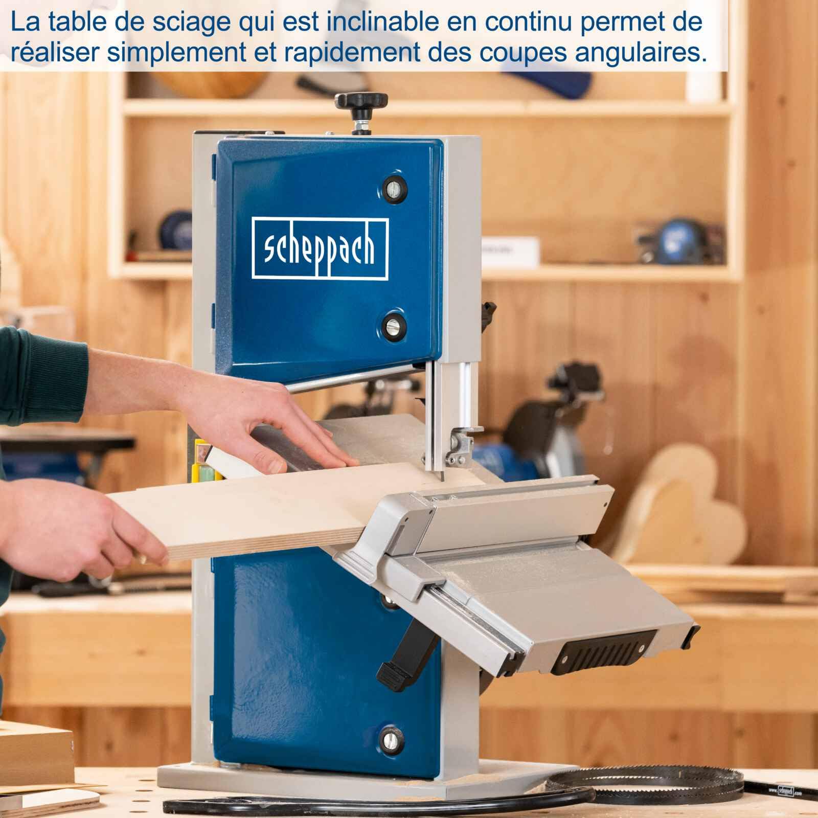 Scheppach Scie à ruban HBS30 350W Table 30x38x52cm Inclinable 0°-45° Raccord aspirateur Passage 80x200mm 3 lames 6-15 dents/pouce