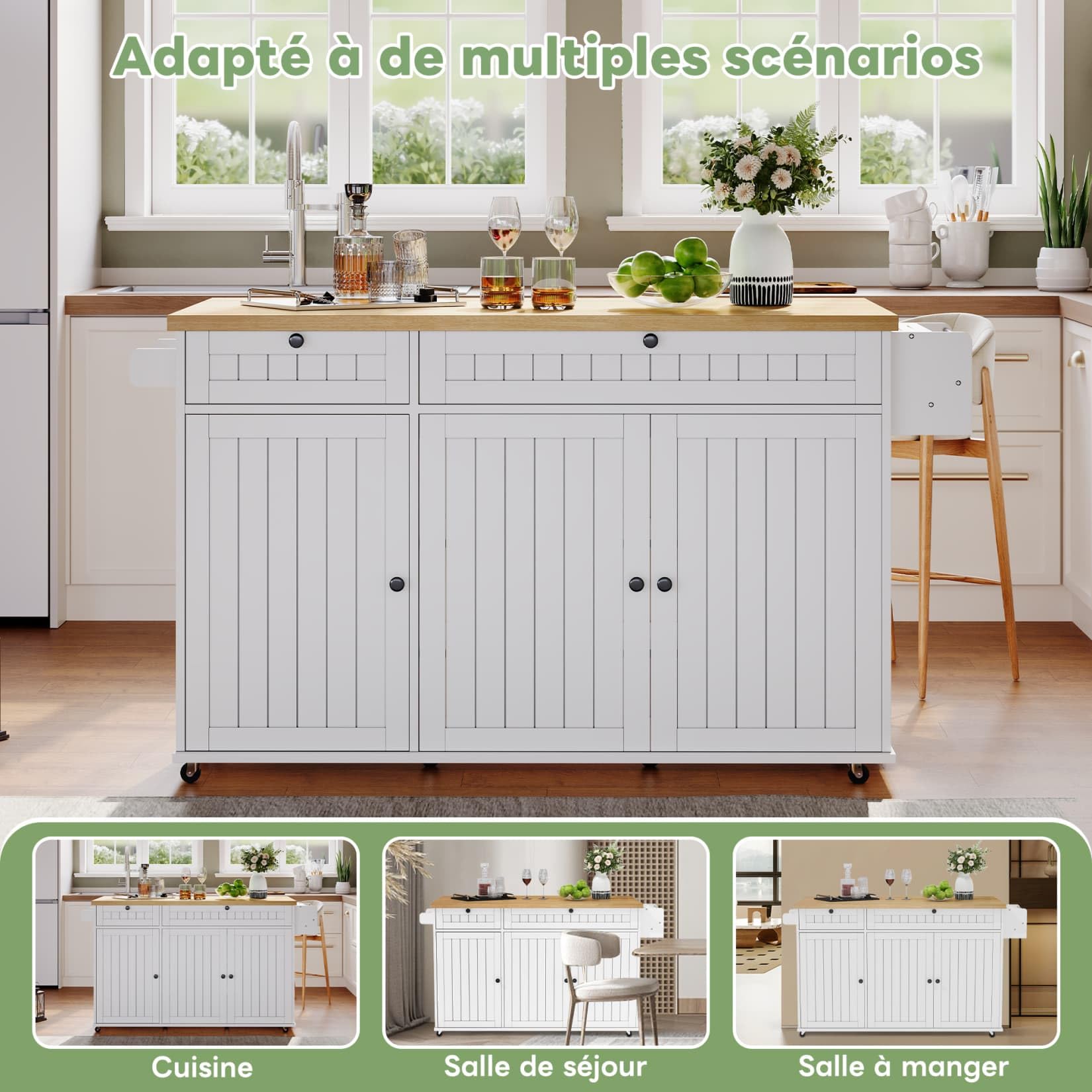 PUGSDRLY Desserte Cuisine à 6 roulettes Orientables,Îlot Central,Buffet Cuisine avec Plan de Travail Pliable,Étagères Réglables,2 Tiroirs,Portique (A-Blanc, 70x137x89.5)