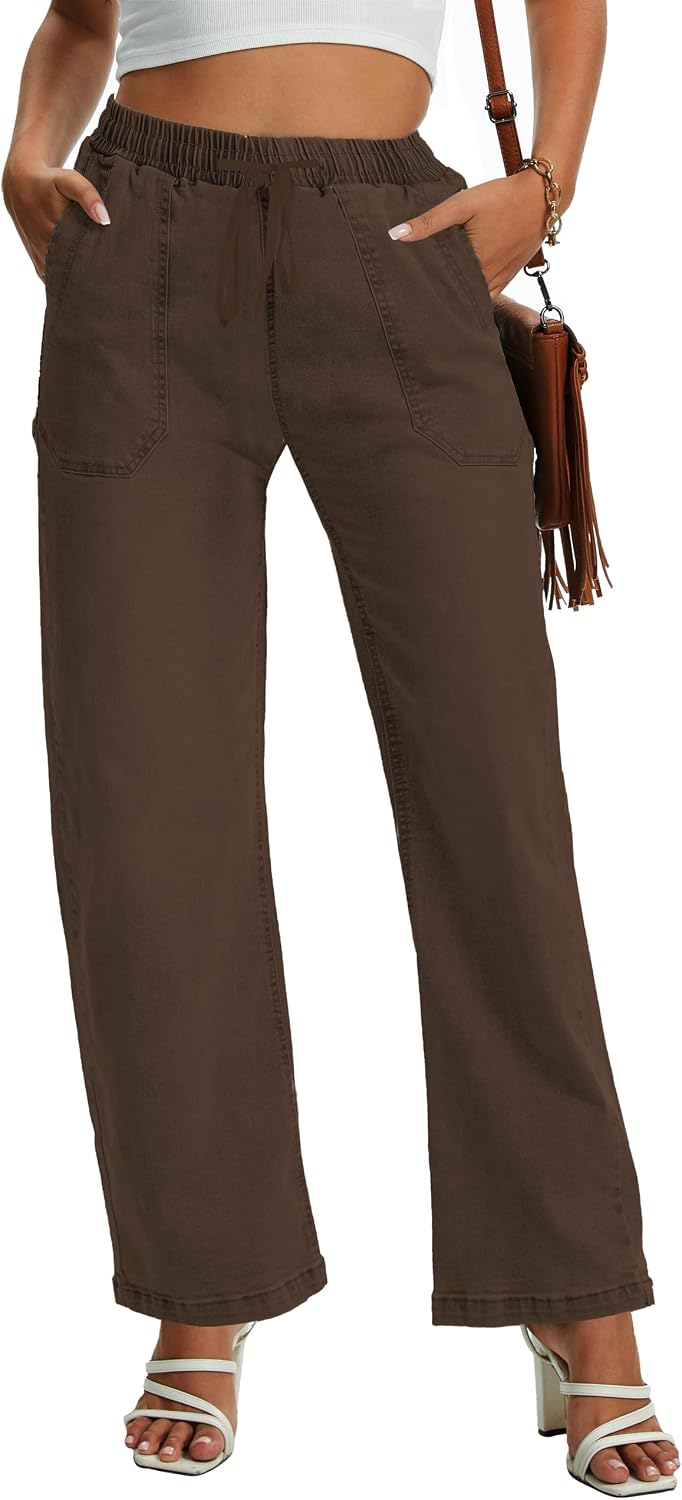 HVEPUO Women Wide Leg Jeans Stretchy Baggy High Waisted Denim Pants Pull On Straight Leg Casual Drawstring Trousers Fall 2026