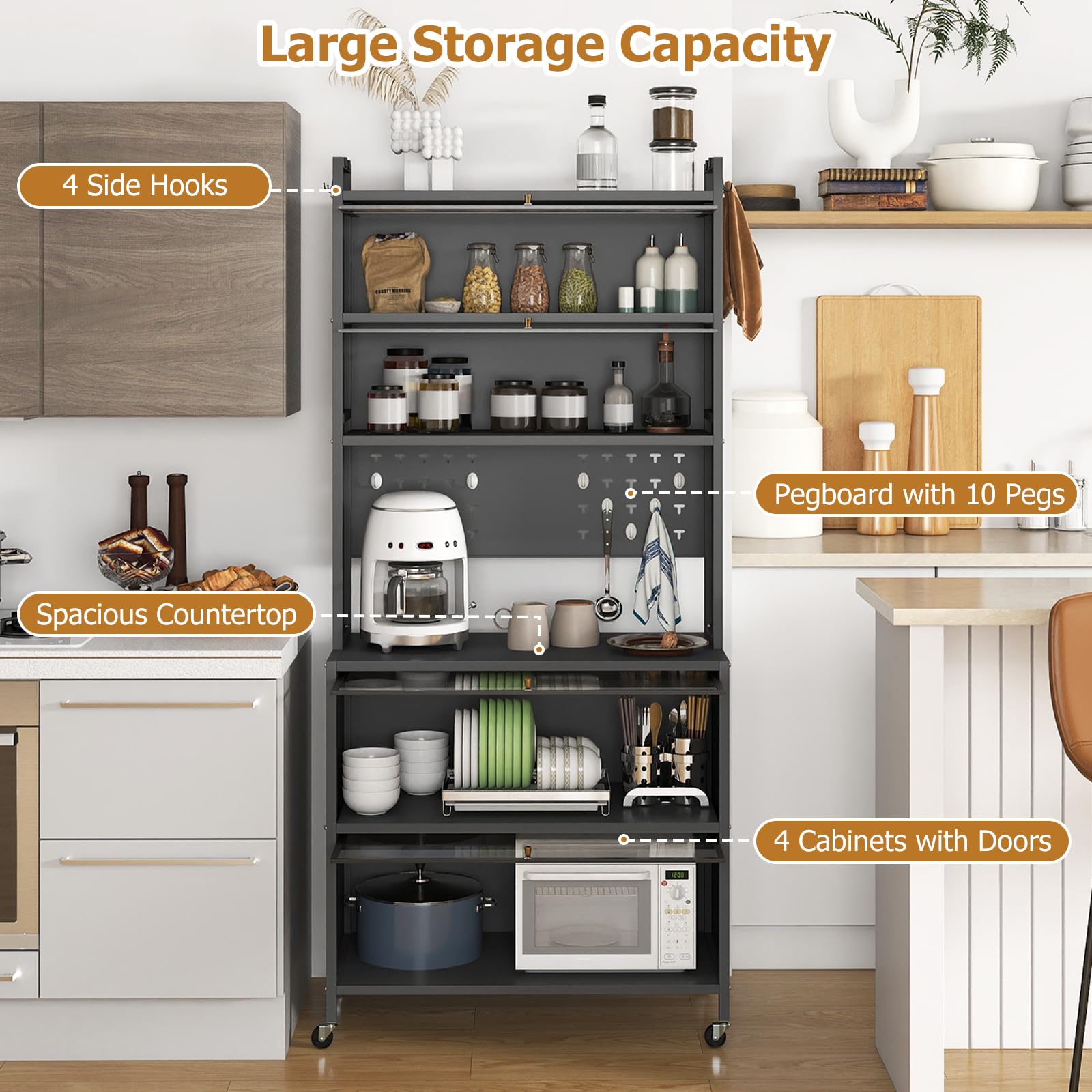 GIANTEX Meuble de Cuisine Haut 6 Niveaux, Buffet Cuisine Rangement avec roulettes, 10 Crochets, Portes Rabattable, Panneau Perforé, Meuble Vitrine en Acier, pour Salon, Salle à Manger (Gris)