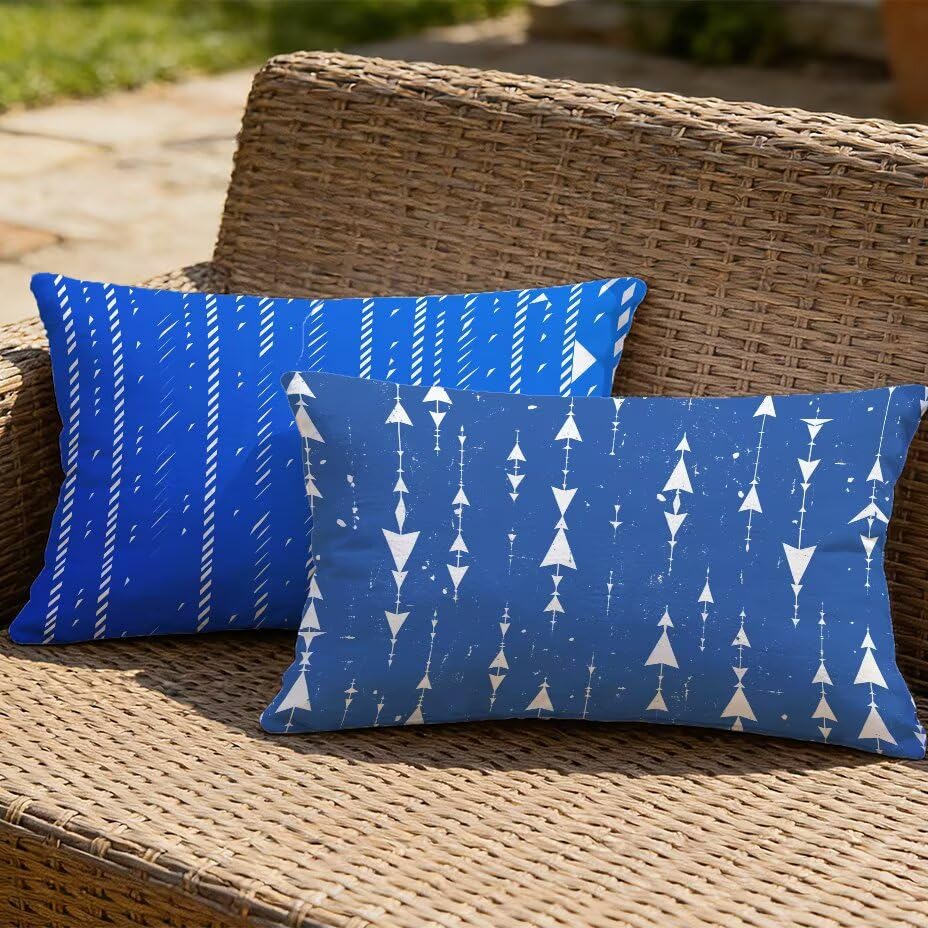 Housse de coussin extérieur 40x70 cm lot de 2 bleu aspect lin imperméable