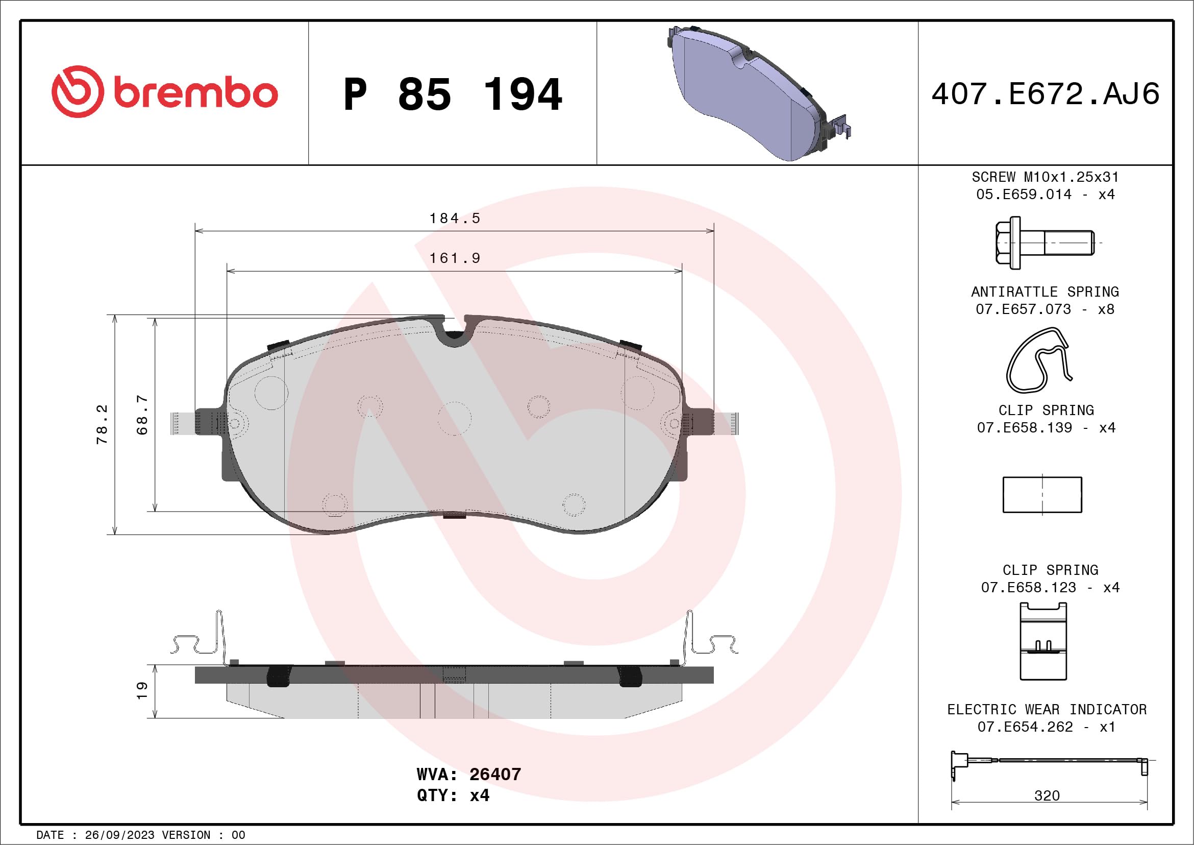 Zestaw Klocków Hamulcowych BREMBO P 85 194 przód