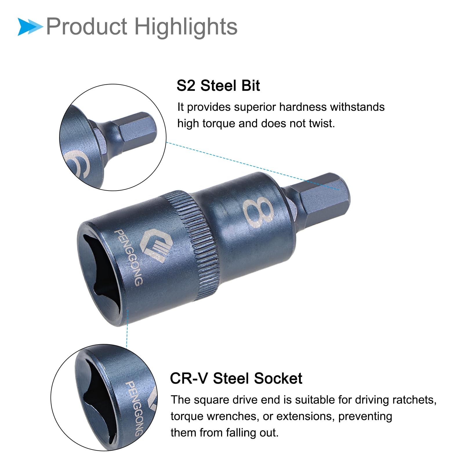 CoCud Hex Bit Socket, H8 Bit 1/2" Drive 2" Length, Star S2 Alloy Steel Cr-V Socket Blue - Image 4