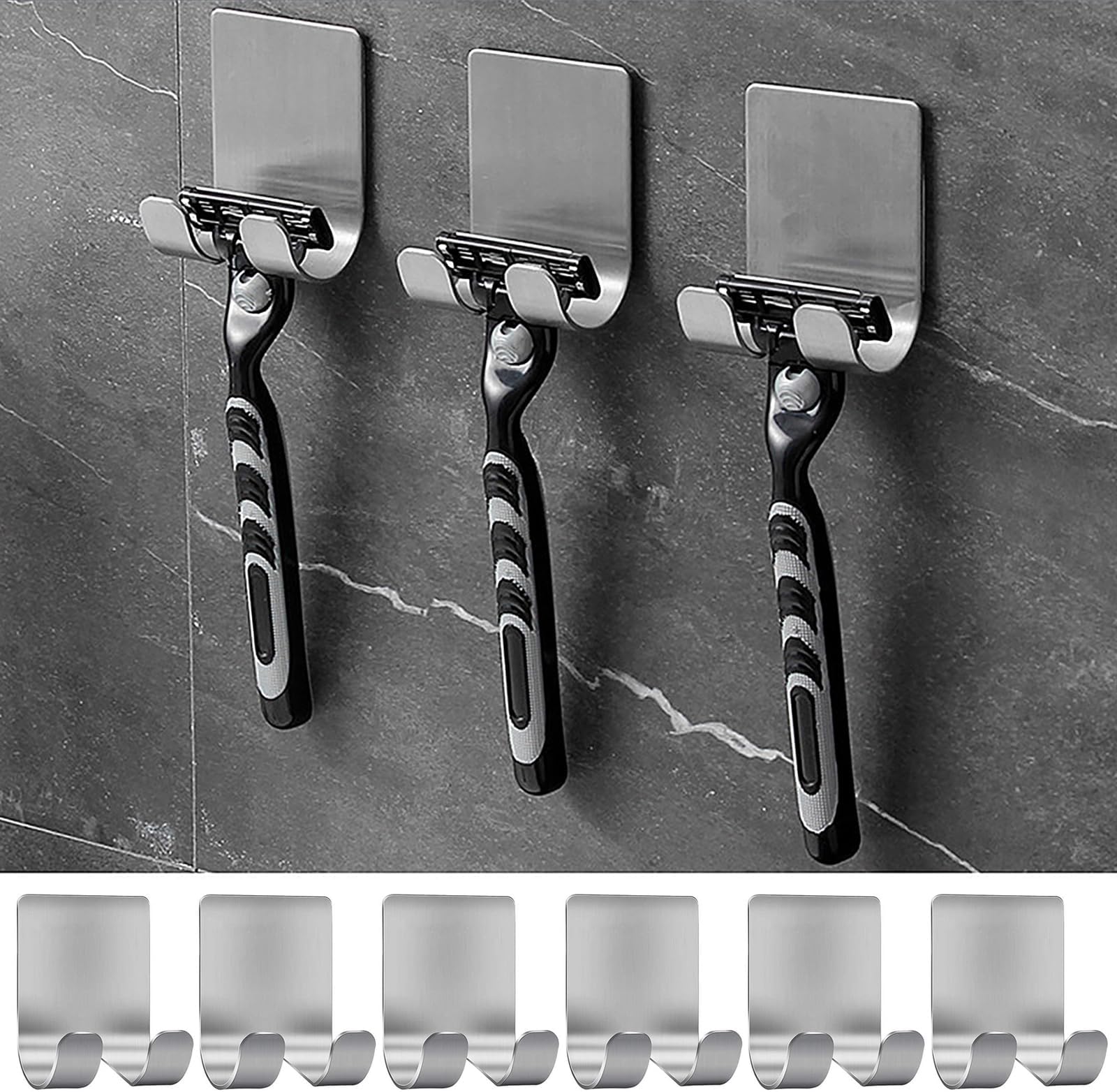 6 Pcs Razor Holder for Shower Wall Adhesive Hooks Stainless Steel Bathroom Shaver Stand Hook Waterproof No Drilling Strong Adhesive Hooks for Kitchen Bathroom Hats Robes Towels Clothes
