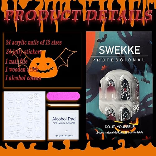 Miniatura 32 de Uñas postizas a presión de Halloween, cuadradas, medianas, francesas, color negro, degradado, cobertura completa, calavera, corazón rosa, con Uñas