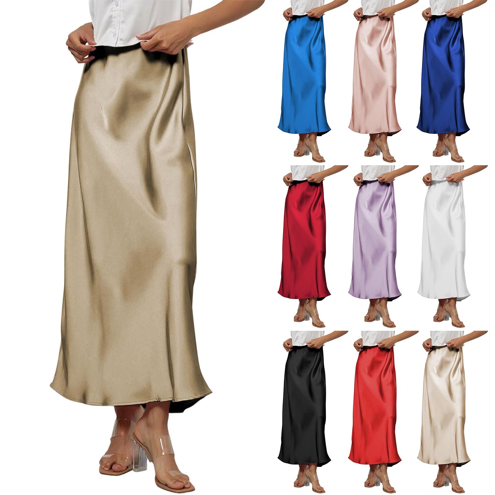 Satin Skirts for Women Flowy High Waist Maxi Skirt Swing Elegant Business Office Bodycon Stretch A Line Silk