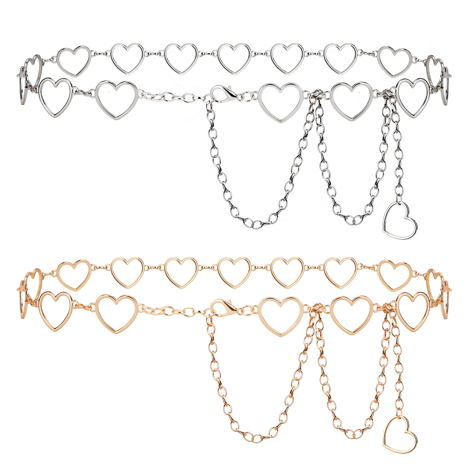 Plus Size Chain Belt for Women 2 Pack Love Style Metal Chain Belt Women Belly Waist Chains, Extra Long Body Chain