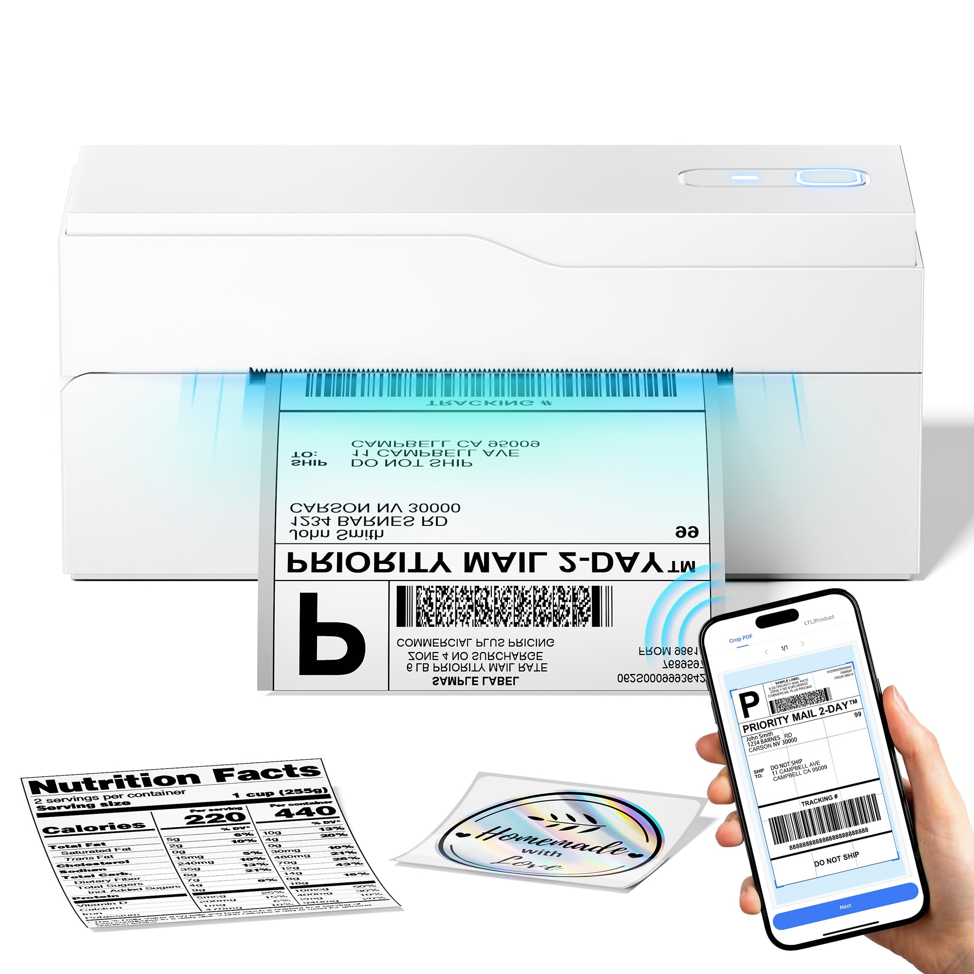 Bluetooth Thermal Label Printer – 4x6 Shipping Label Printer for Small Businesses & Shipping Packages, Compatible with Android, iPhone, and Windows, Ideal for Amazon, eBay, Shopify, Etsy (White)