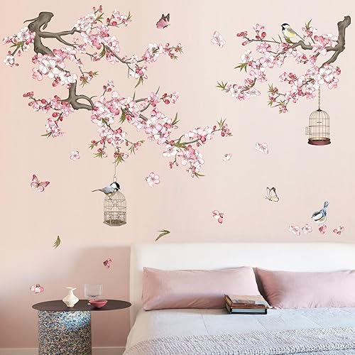 Miniatura 4 de wondever Pegatinas de pared de flores de cerezo, flores rosadas, ramas de árbol, calcomanías artísticas para pared para habitación del bebé