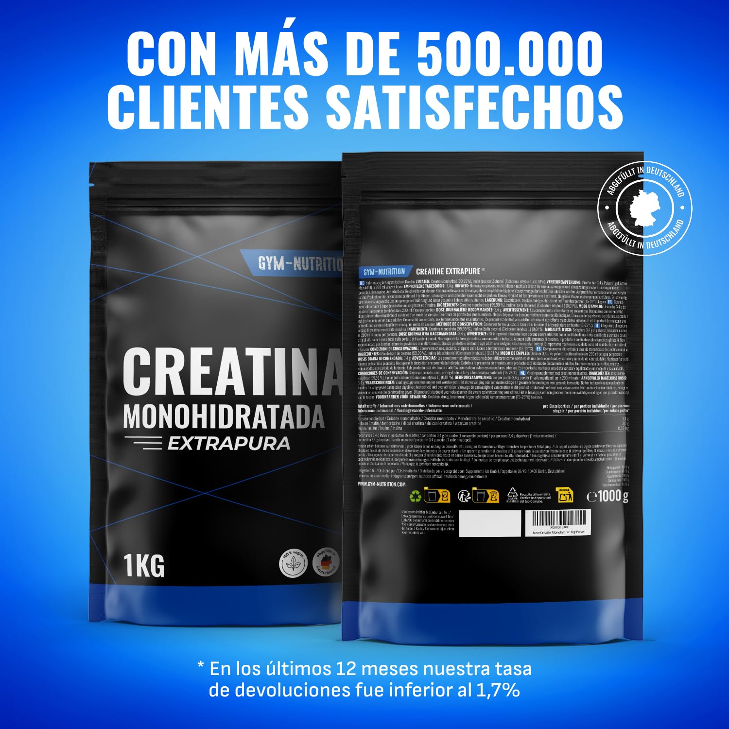 Creatina Monohidratada 1kg / 1000g - Polvo 100% Vegano - Creatina Monohidrato Sin Sabor con Inulina - Alta Pureza - Producido en Alemania - Creatine Monohydrate Powder