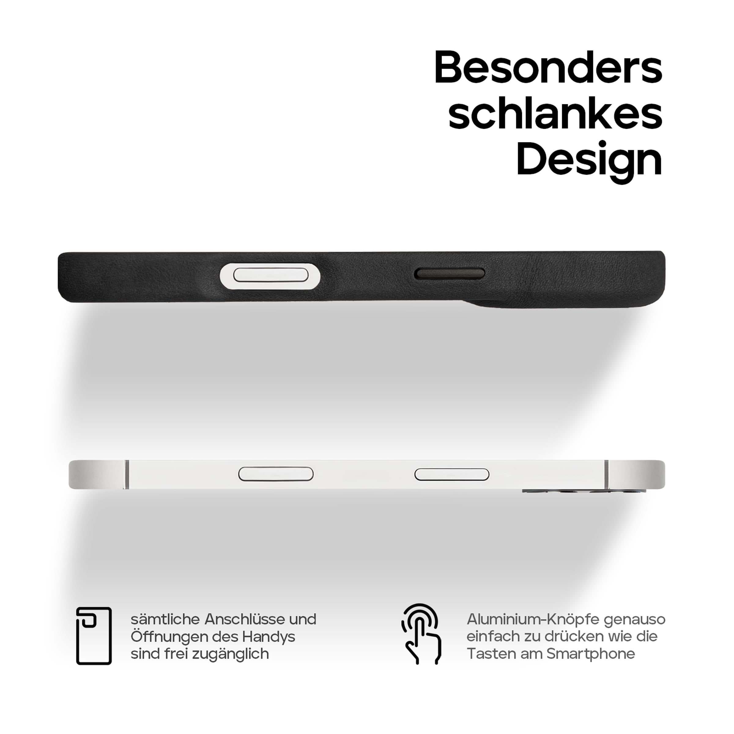 WIIUKA Hülle für iPhone 16 Pro, Leder aus Deutschland, Lederhülle extra Dünn, Premium Handyhülle, Case, Qi, Vintage Schwarz