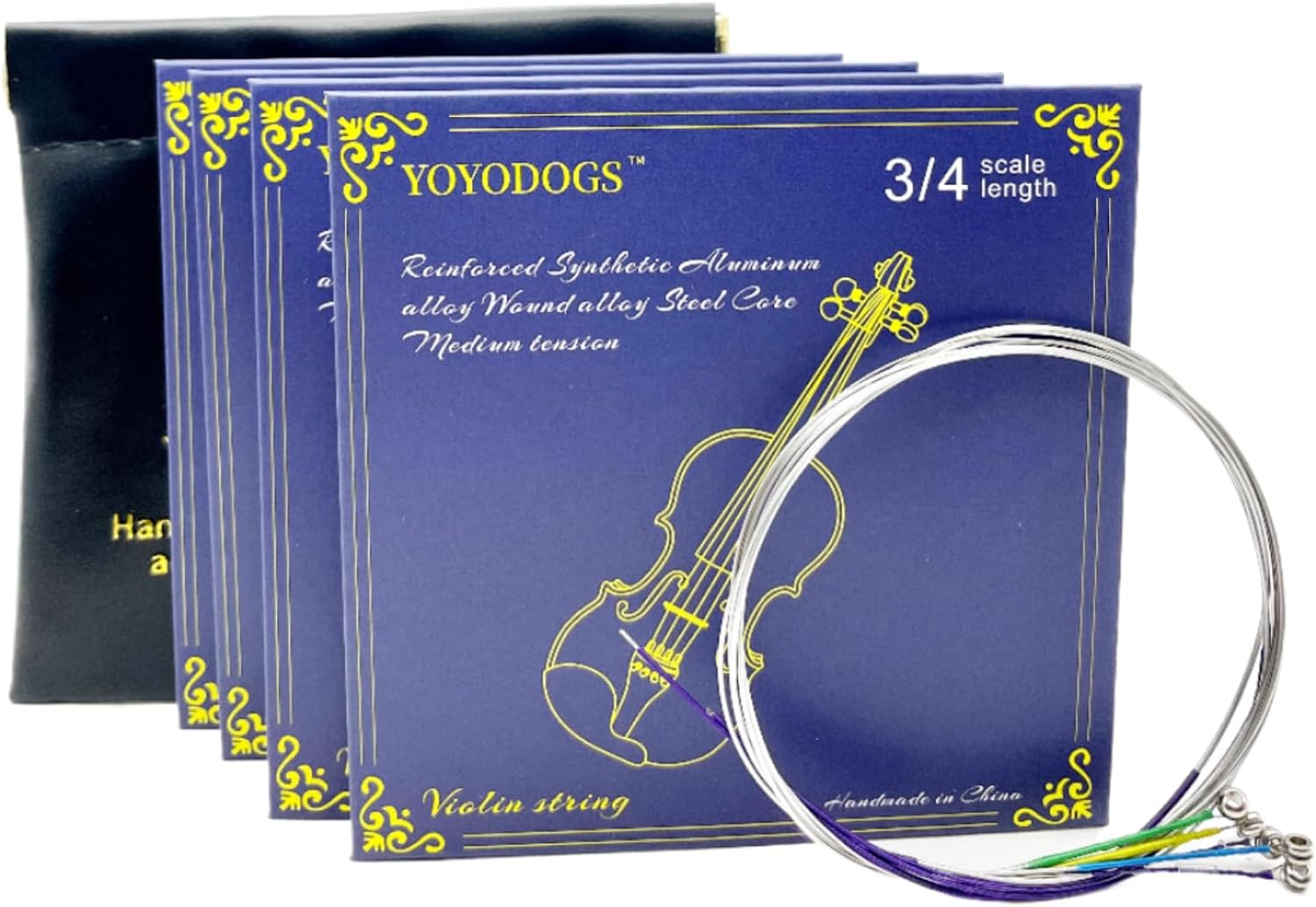 Violin Strings 3/4 Full Set with Leather Storage Pocket Replacement Medium Tension 5pcs Violin Strings Rich Tone Handcrafted for Young students and Musicians (3/4 scale length Blue)