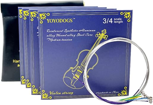 Violin Strings 3/4 Full Set with Leather Storage Pocket Replacement Medium Tension 5pcs Violin Strings Rich Tone Handcrafted for Young students and Musicians 3/4 scale length Blue