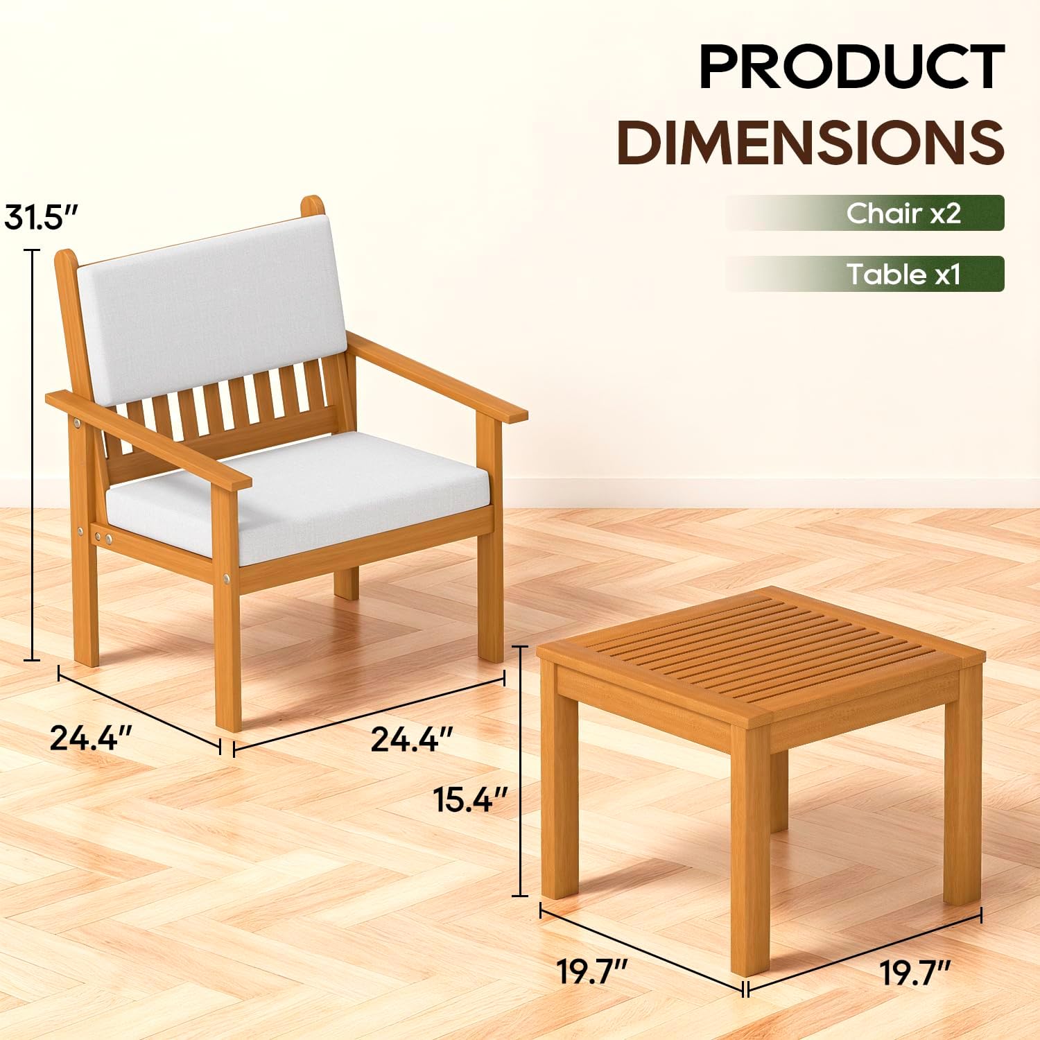 FDW 3-Piece Patio Furniture Set Acacia Wood Patio Bistro Set Outdoor Chat Conversation Table Chair Set Wood Chat Set with Water Resistant Cushions and Coffee Table Chairs for Beach Backyard Garden - Image 7