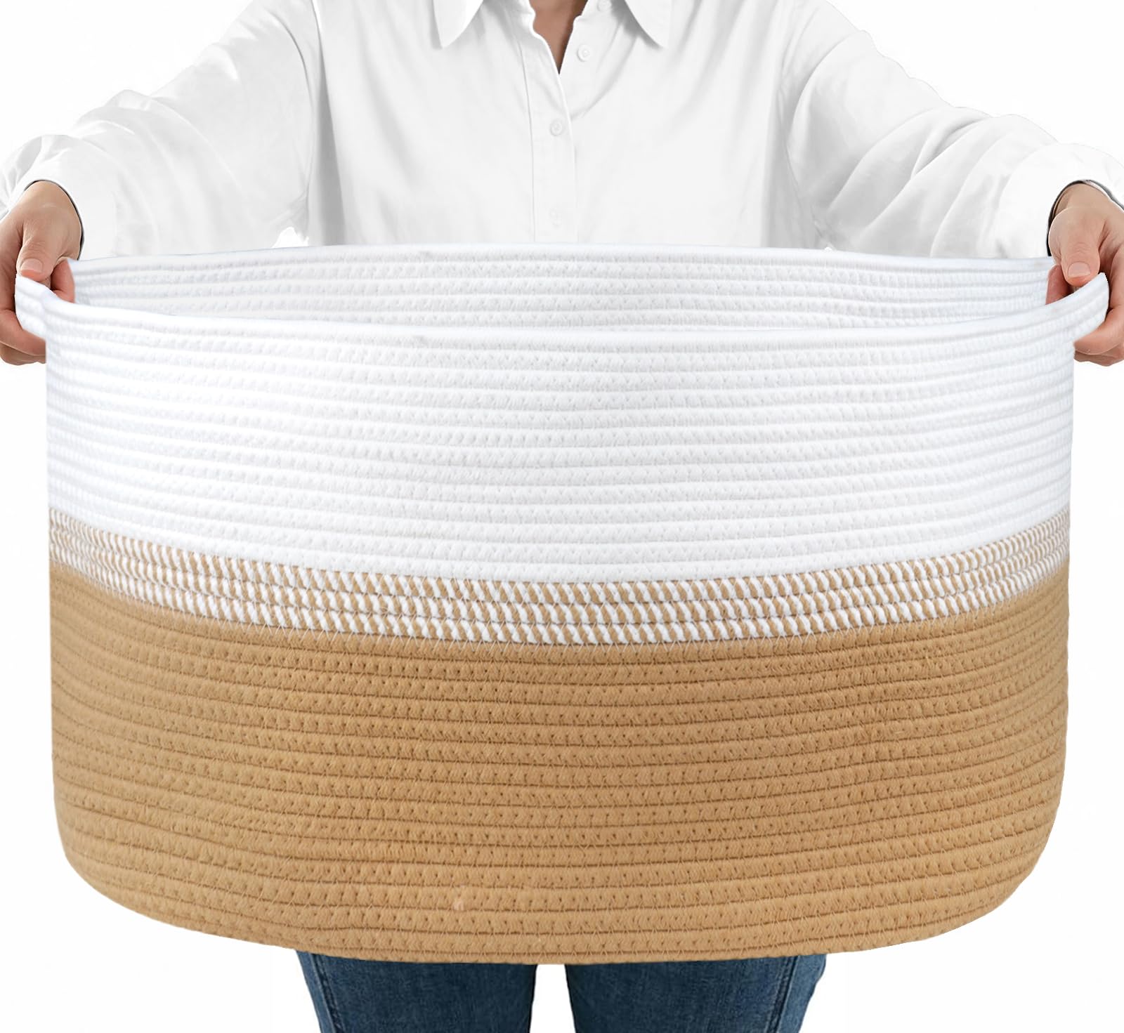 Lotvic 65L Large Laundry Basket with Handles, 58x38x30cm Cotton Rope Woven Storage Basket for Blankets, Clothes and Toys, Foldable Storage Baskets for Laundry, Bedroom, Nursery (Khaki & White)