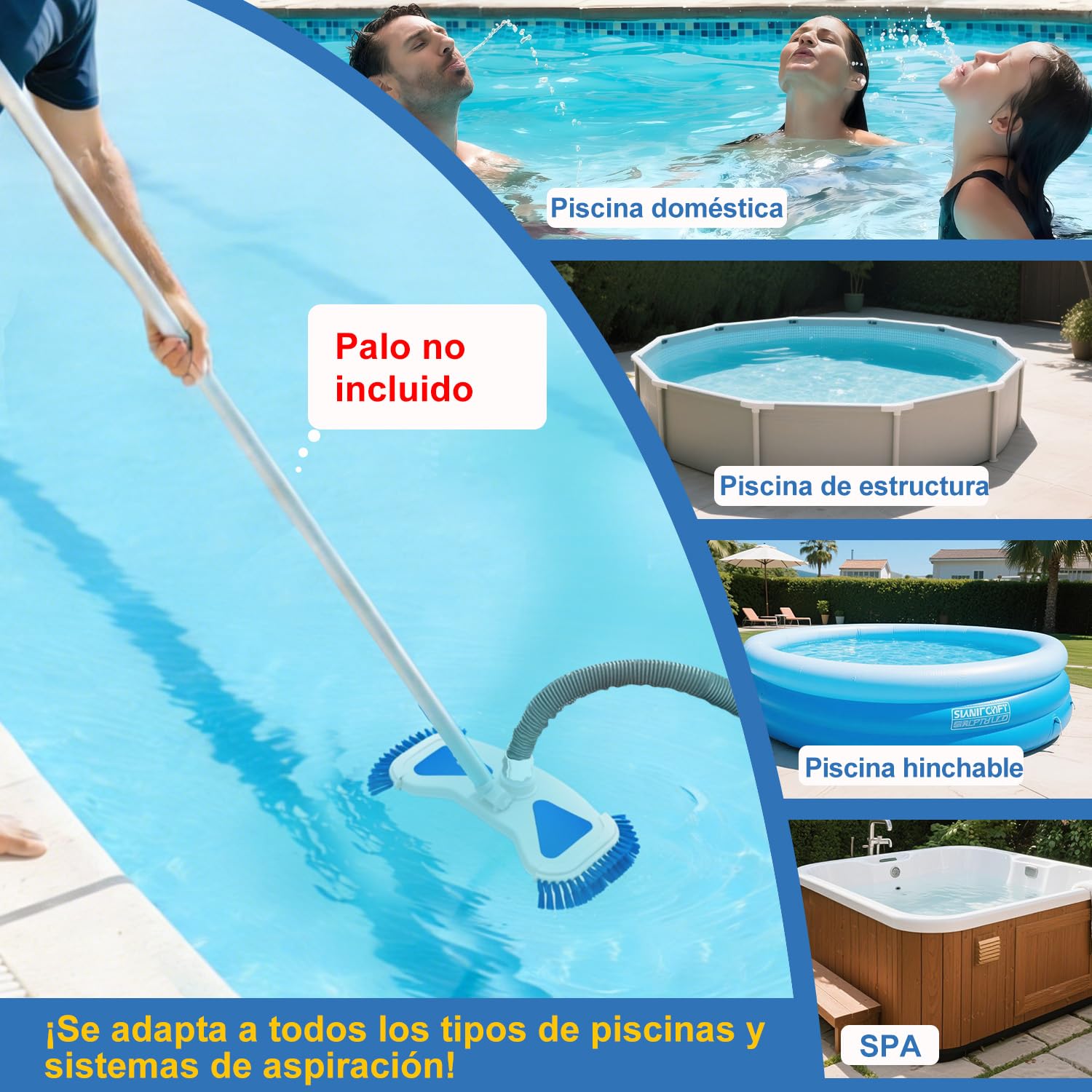 Cepillo para Piscina con Conexión de Aspiración 35 cm, Cabezal Aspirador con Cepillos Laterales, Conexión Giratoria para Mangueras de 32 mm y 38 mm, Cepillo Aspirador para Piscinas Elevadas — view 6