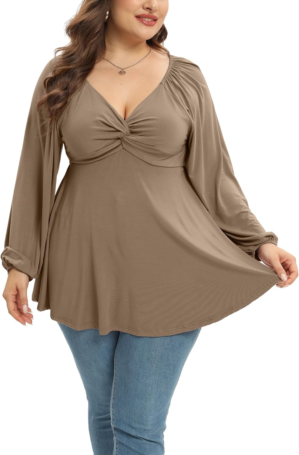 Womens Plus Size Tops Long Sleeve Twist Knot V Neck Shirts Casual Loose Tunic Blouse Fall and Winter - Image 5