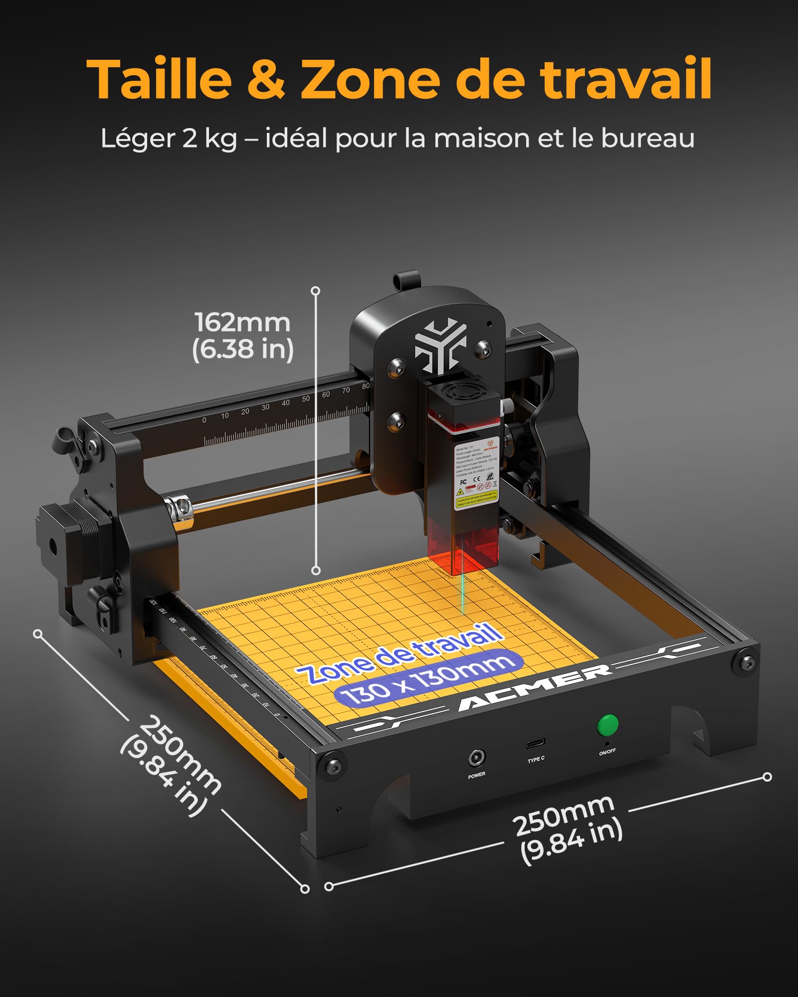 ACMER T1 6W Machine de Gravure Laser, Mini-DéCoupeuse Portable, DéCoupe Laser Haute PréCision de 0,01 Mm, Zone de Travail de 130 X 130 mm, Gravure sur Bois, Cuir, Verre, MéTal