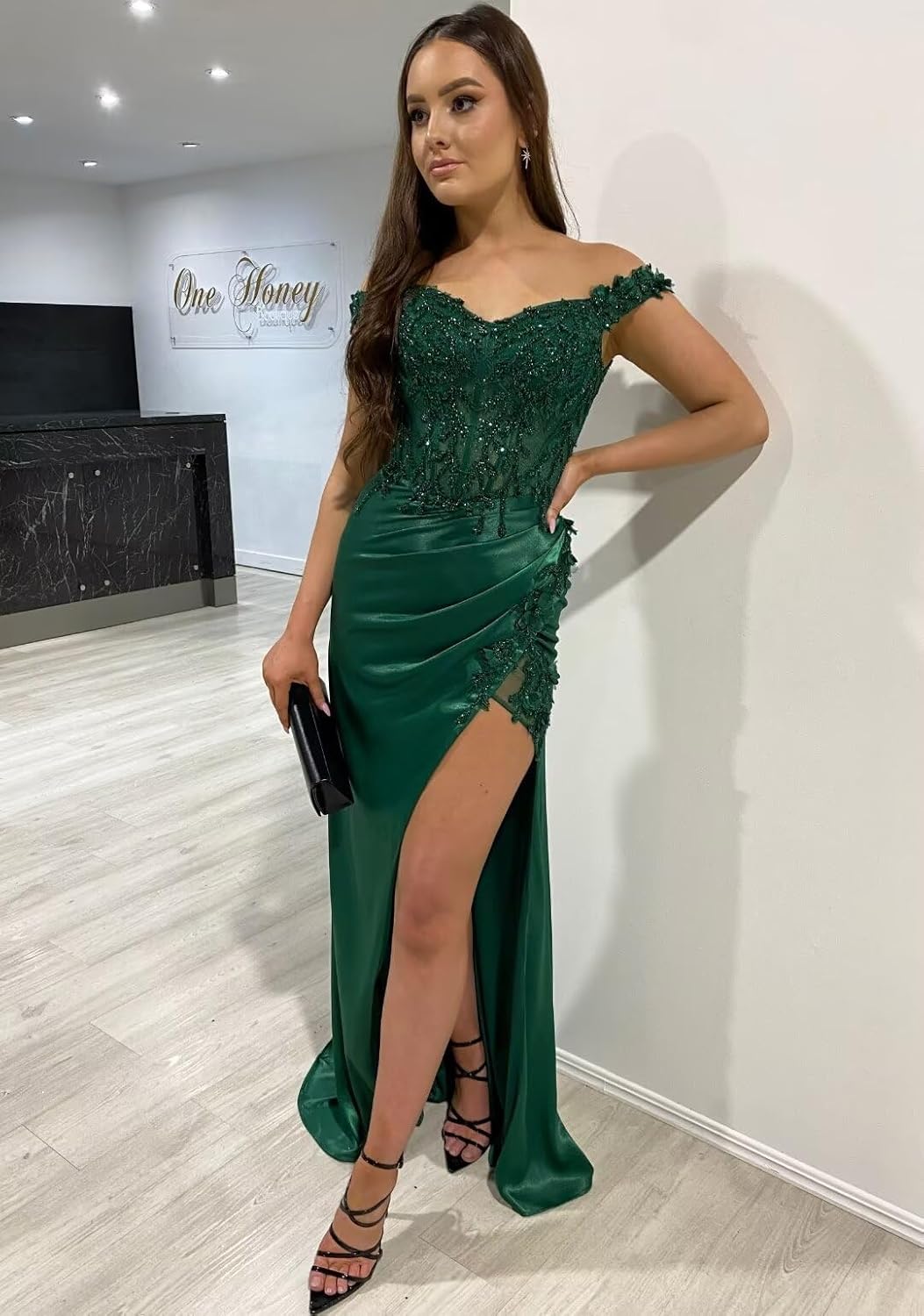 Women's Satin Mermaid Prom Dresses Long Off Shoulder Lace Applique Formal Evening Party Gown with Slit UG013