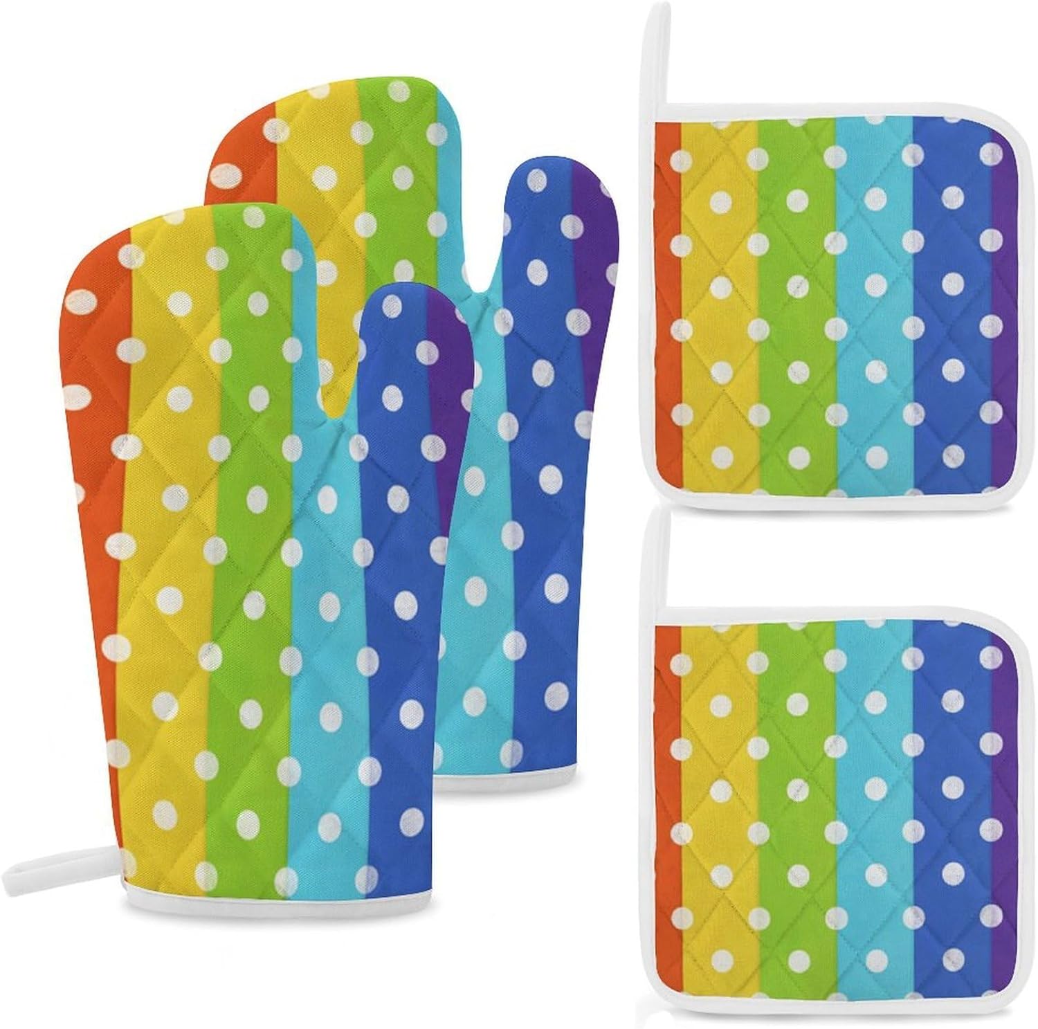 Rainbow Dots Oven Mitts and Pot Holders 4Pcs Set Heat Resistant Cooking Mitts Hot Pads