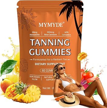 New Skin Natural Tanning Gummies - Vitamin C & E, Astaxanthin & Beta Carotene for Radiant Glow & Hydration, Non-GMO Vegan & Sugar-Free, 60 Count